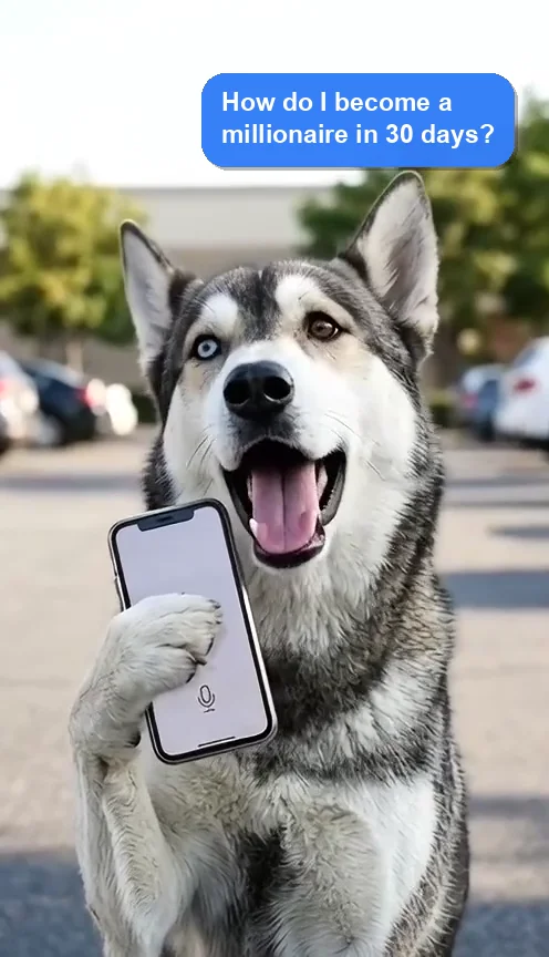 Phone to the mouth, hopeful face. Bubble: “How do I become a millionaire in 30 days?”