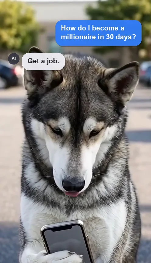 Looks down at the screen. Bubble from the AI: “Get a job.”