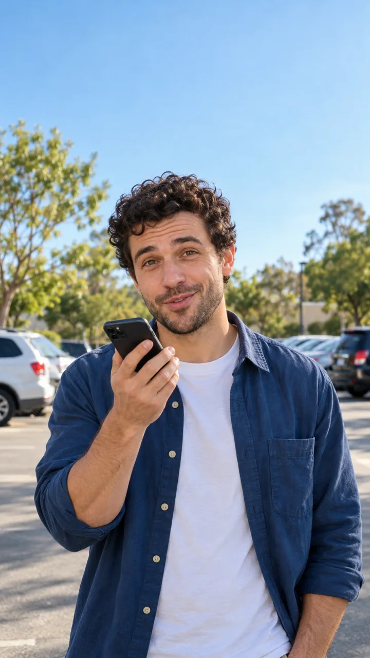You, waist-up in a parking lot or on the street, one hand holding the phone near your mouth.